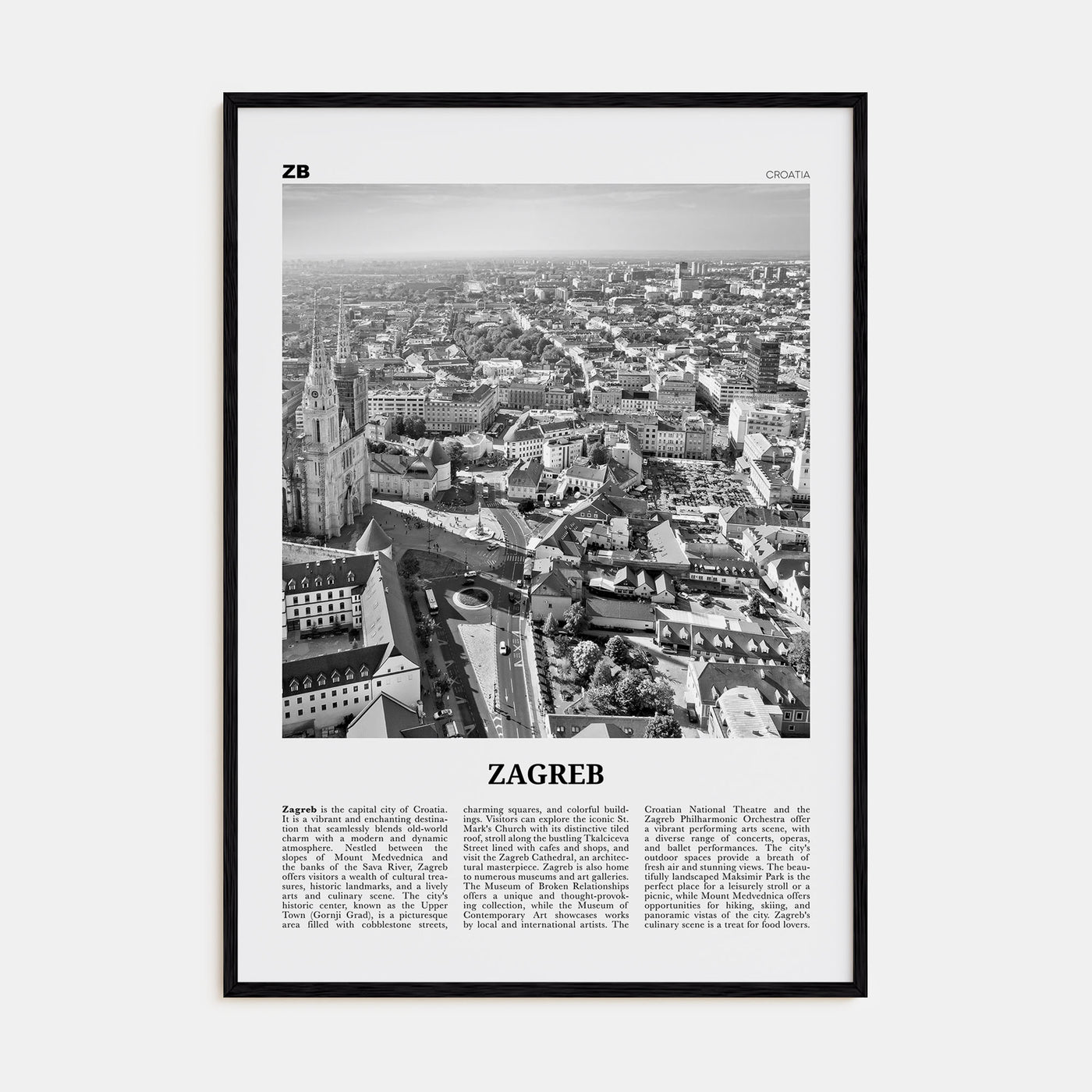 Zagreb Travel B&W Poster