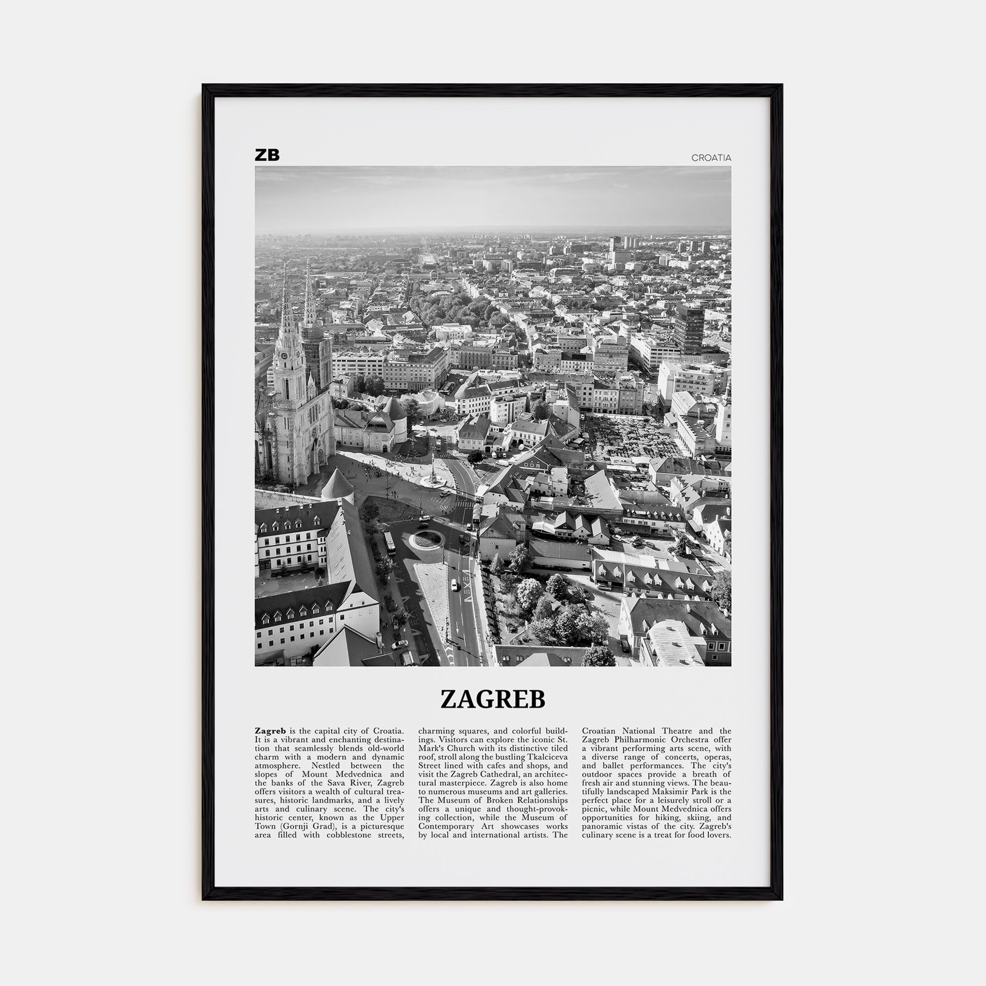Zagreb Travel B&W Poster