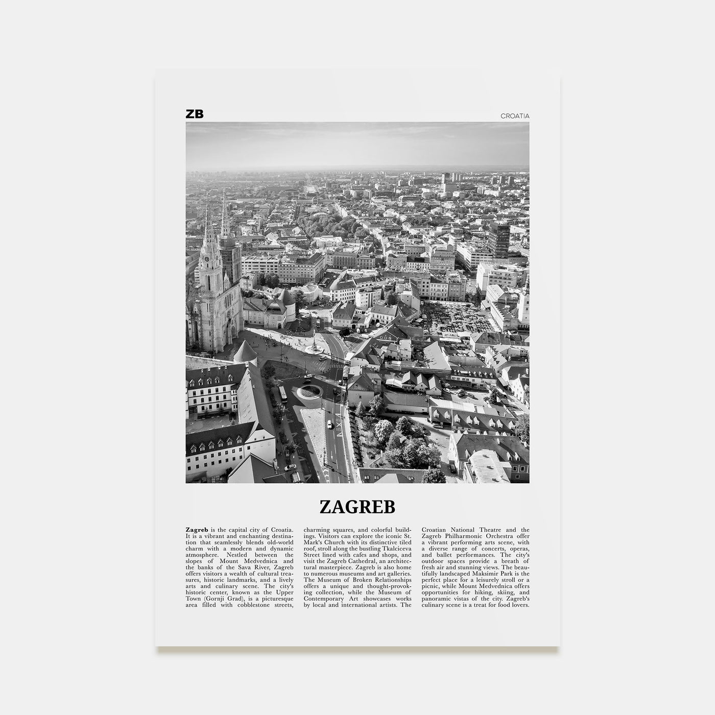 Zagreb Travel B&W Poster