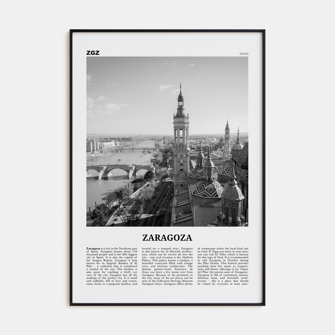 Zaragoza Travel B&W Poster