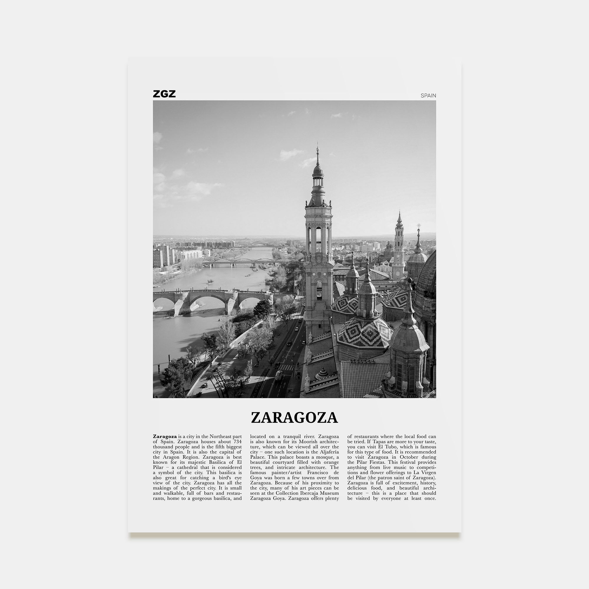 Zaragoza Travel B&W Poster