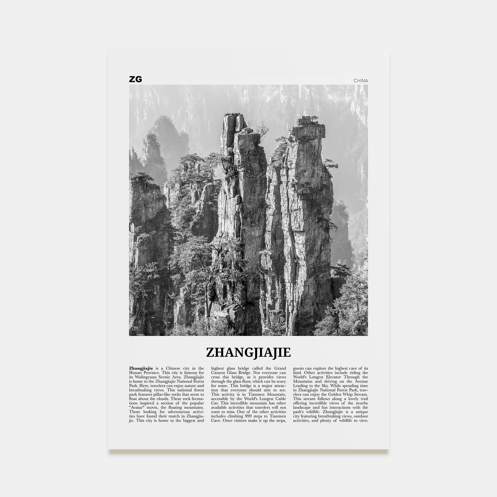 Zhangjiajie Travel B&W Poster