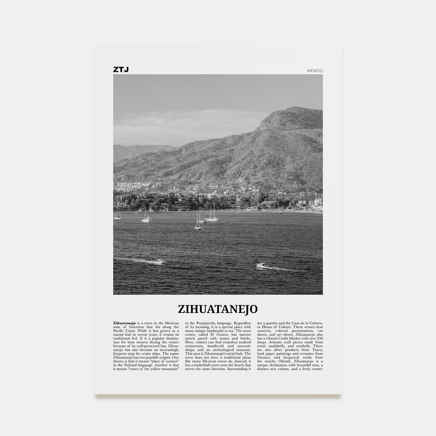 Zihuatanejo Travel B&W Poster
