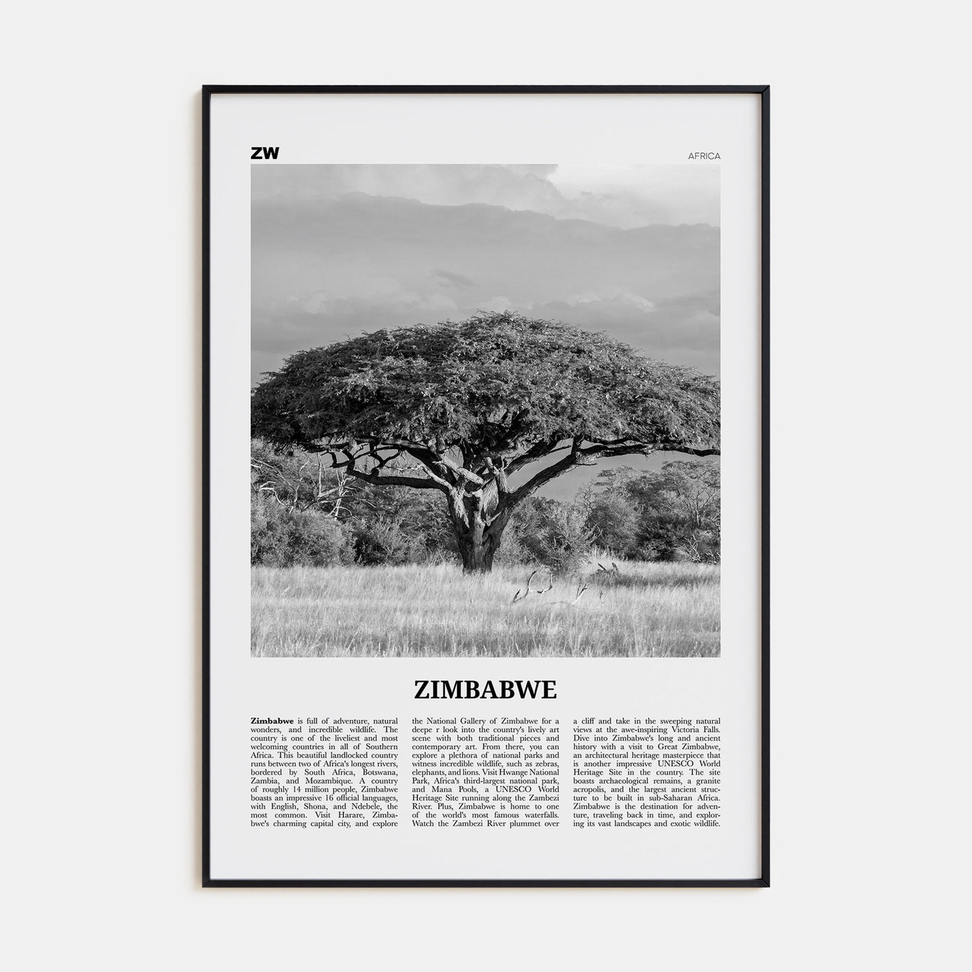 Zimbabwe Travel B&W Poster