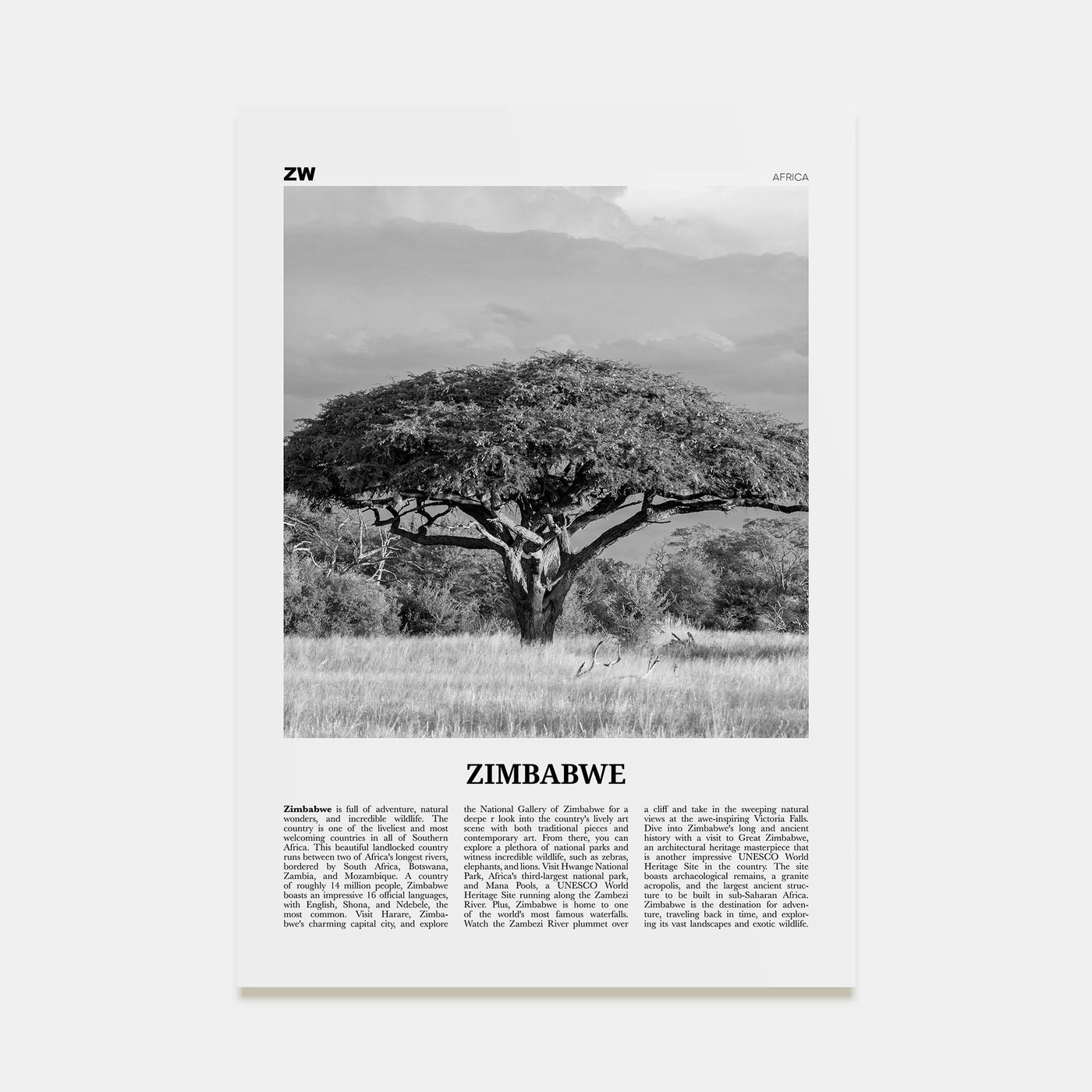 Zimbabwe Travel B&W Poster