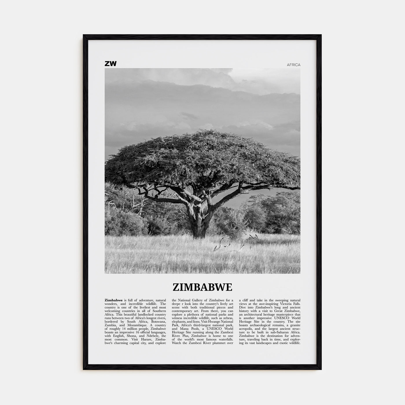 Zimbabwe Travel B&W Poster