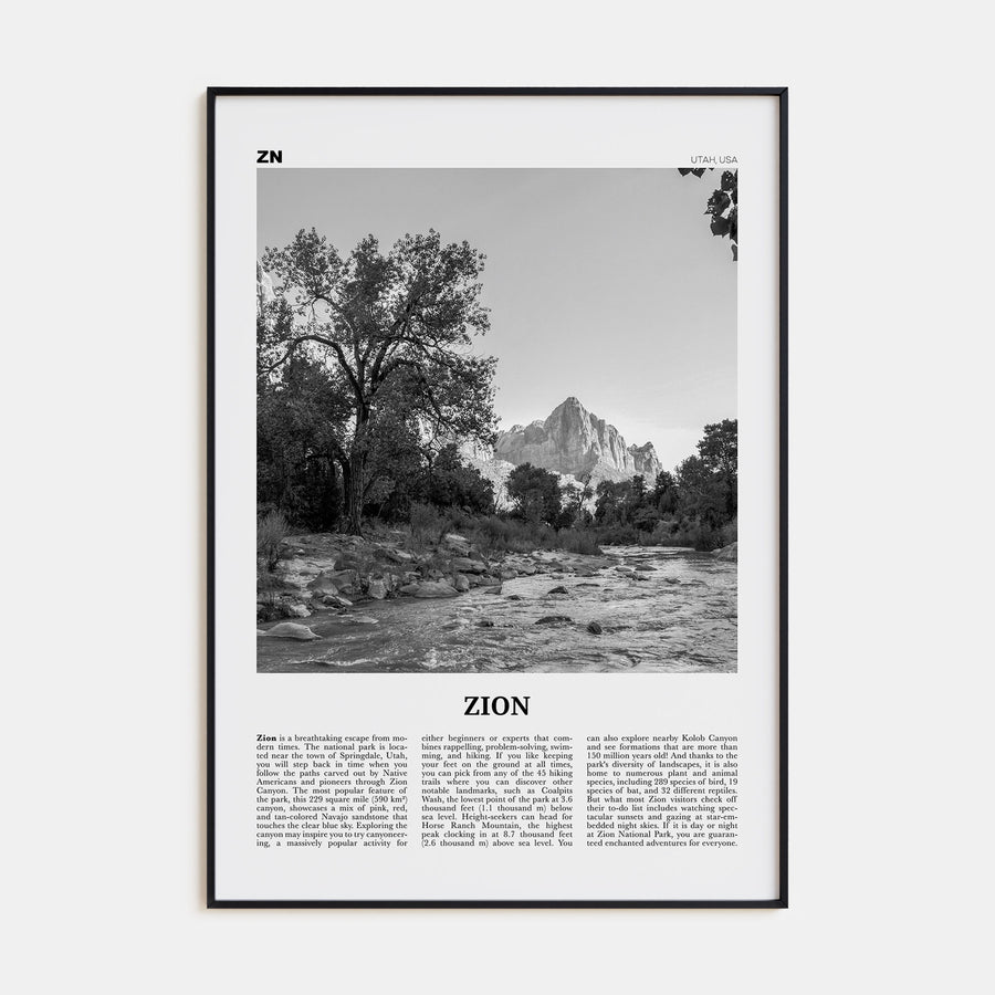 Zion National Park Travel B&W Poster