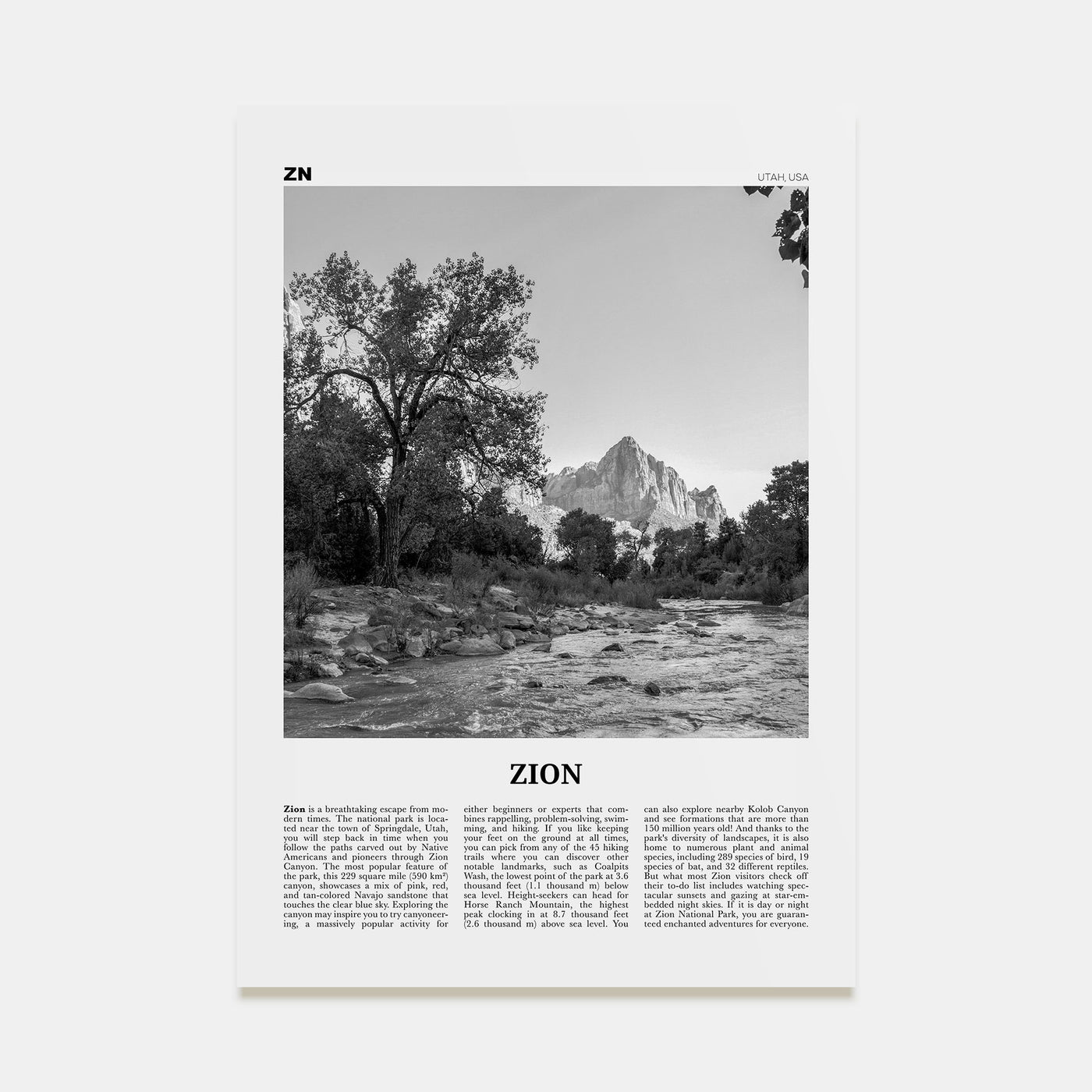 Zion National Park Travel B&W Poster