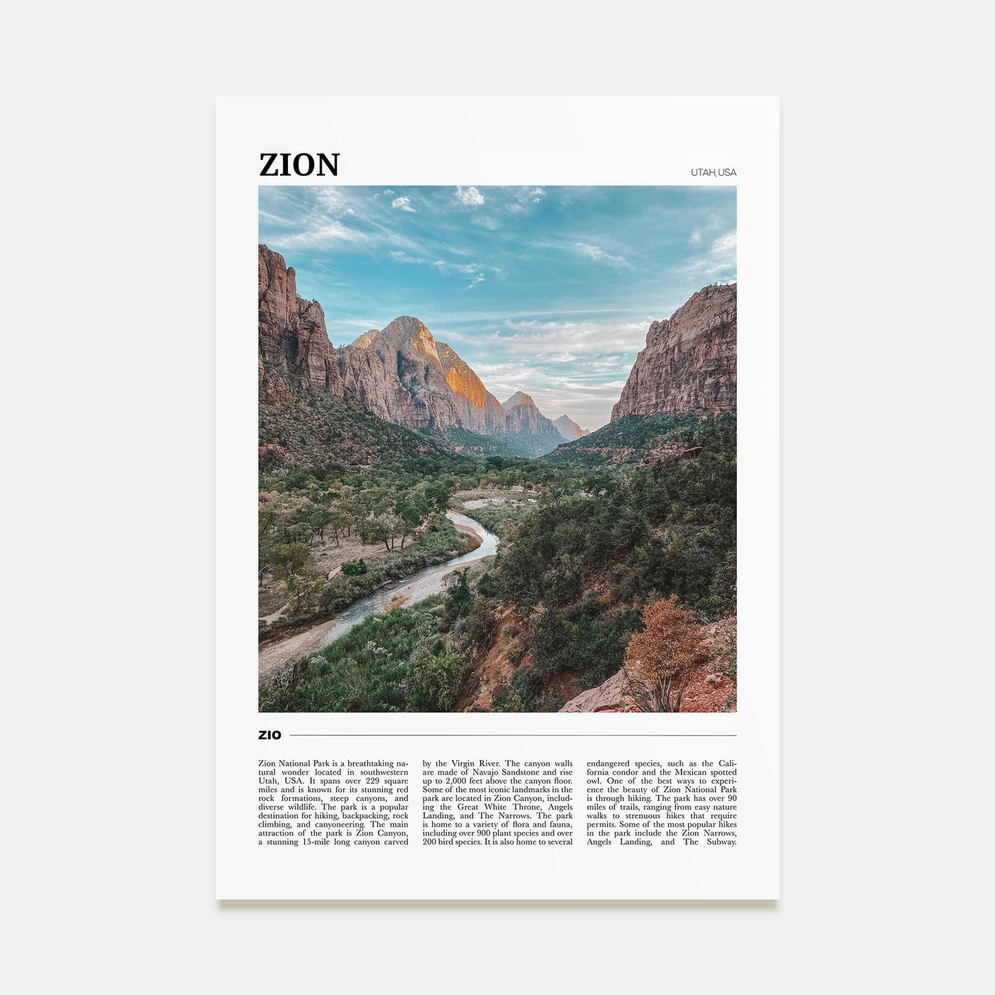 Zion National Park Travel Color Poster